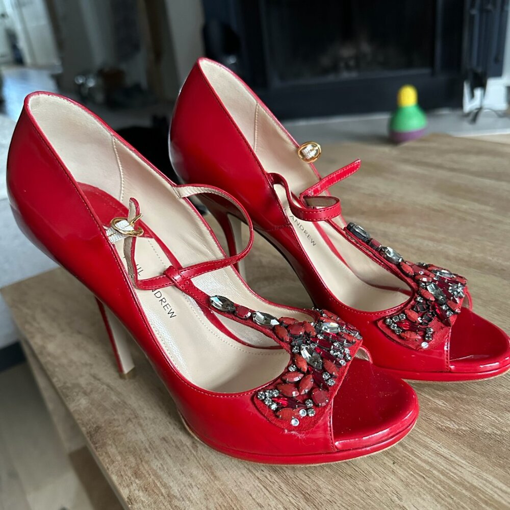 Red Pumps with Rhinestones by Paul Andrew Size 7